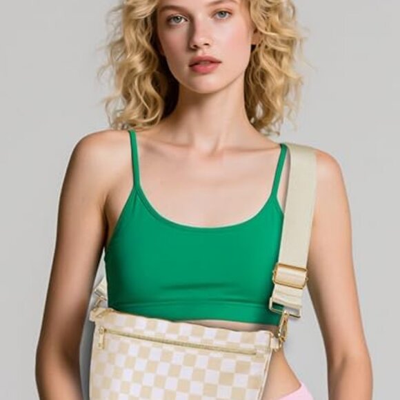 Checkered Beige White Crossbody Bag for Women, Stylish & Lightweight - Picture 2 of 7